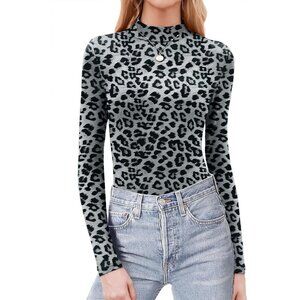 Women's Leopard Grey Mock Neck T-Shirt Long Sleeve Slim Lightweight Layer Tops